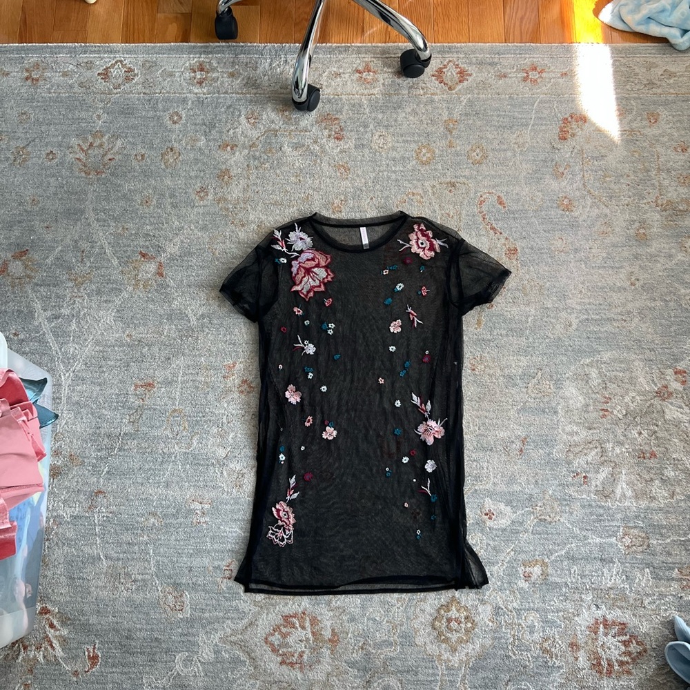 Xhilaration Black Mesh Top with Floral Embroidery